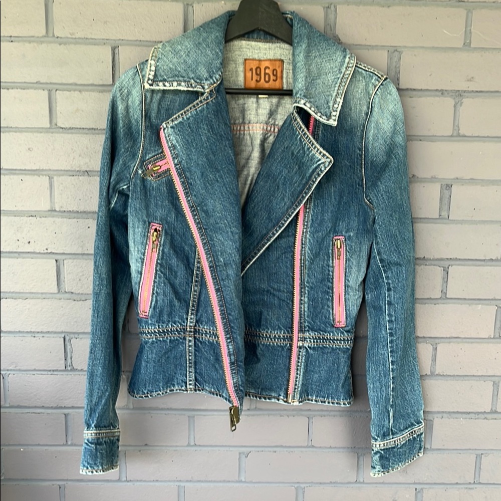 GAP 1969 Blue and Pink Moto Jean Jacket